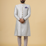 Stunning Beige Banarasi Brocade Achkan with Lilac Churidar for Men | Father-Son Combo | Grooms & Weddings | Jaipurio